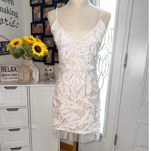 Endless Rose Sequin & Beaded Fringe White Mini Dress Size Small